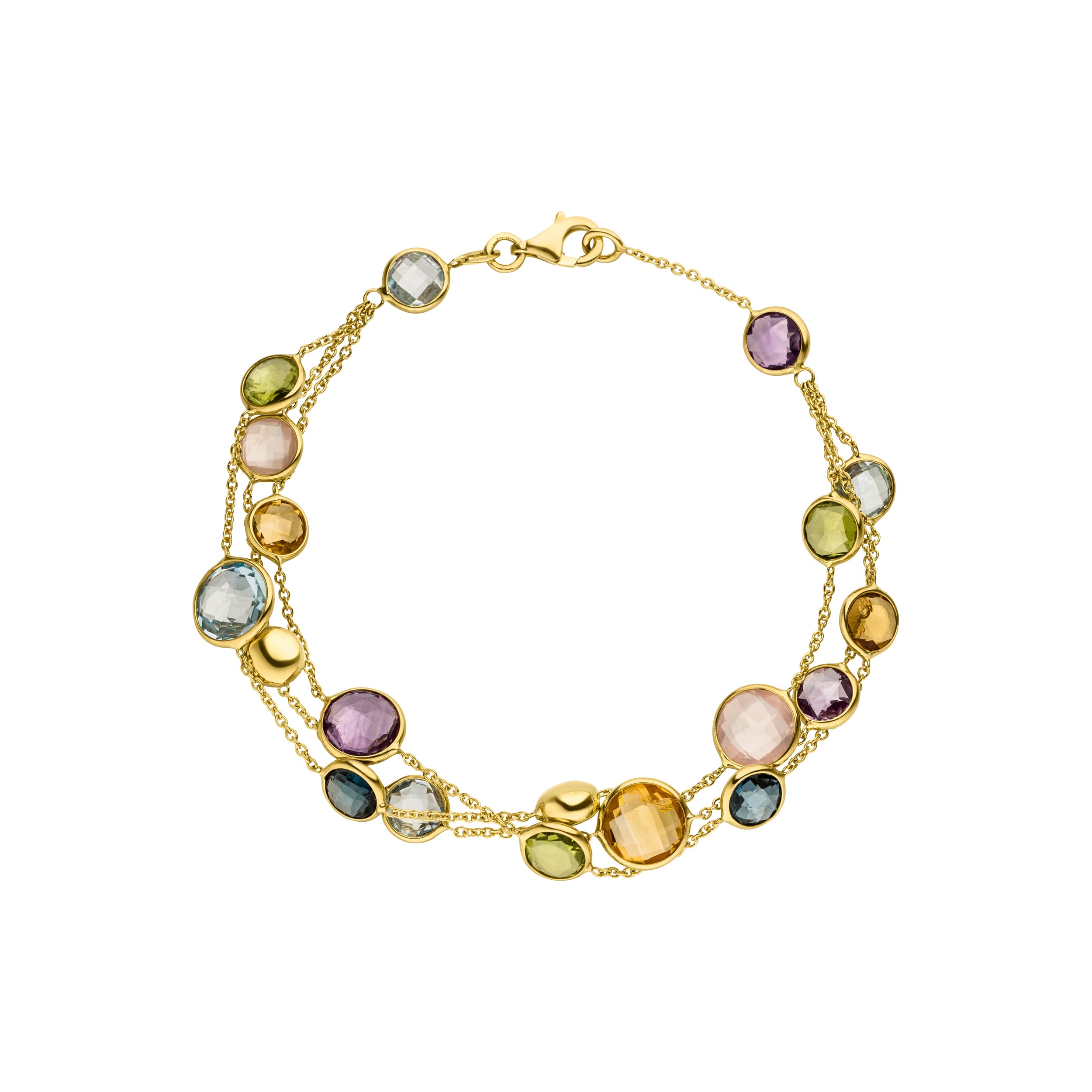 Gelbgold Armband 3-reihig mit bunten Farbsteinen